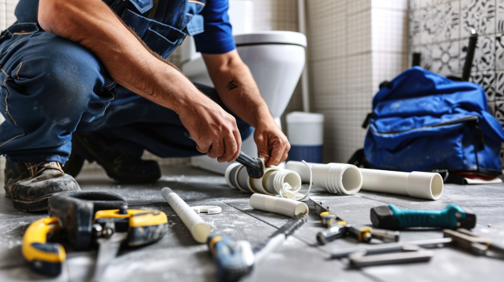 Plumber in blue overalls kneeling, assembling white PVC pipes in a bathroom with tools scattered around.