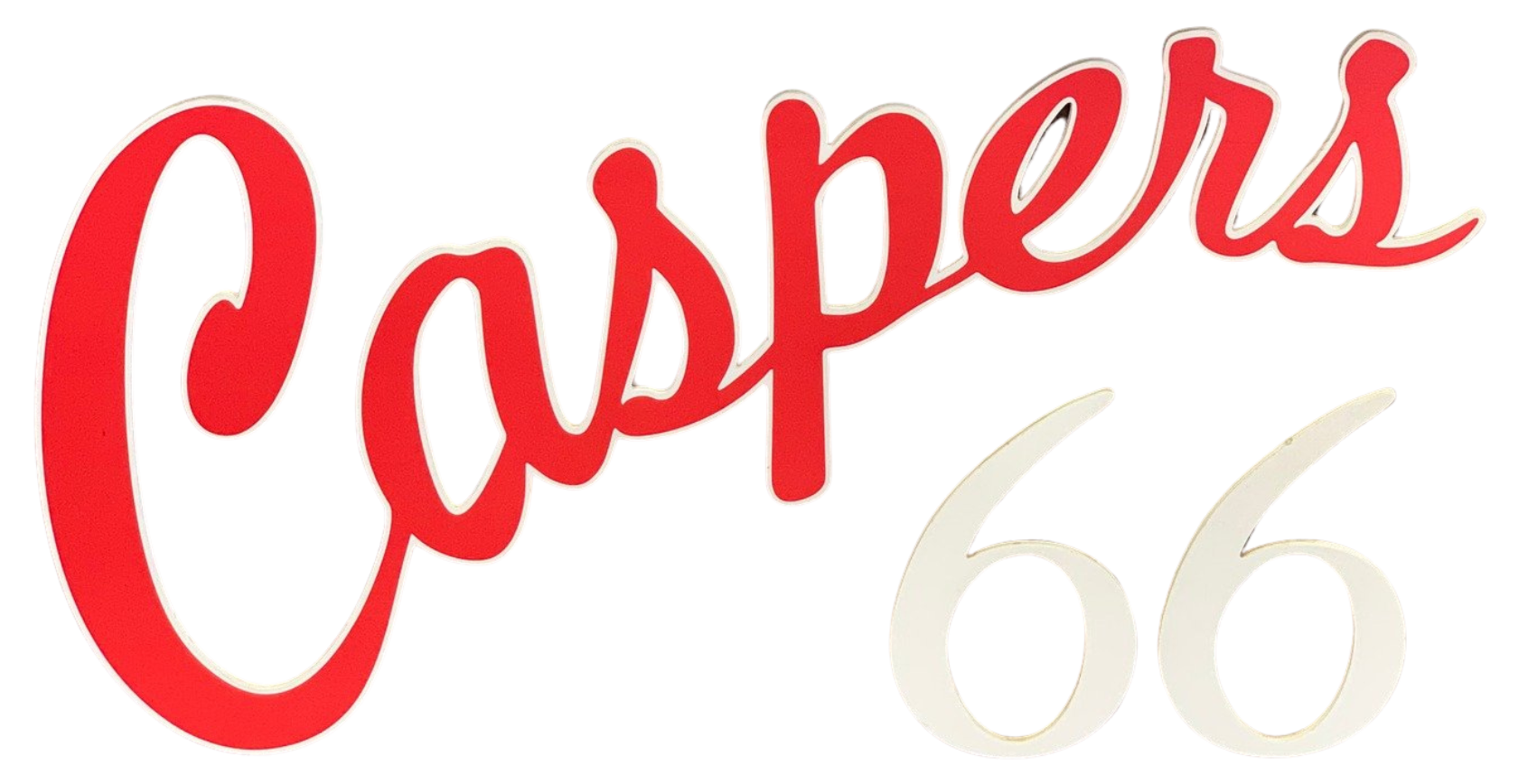 A red and white logo for casper 's 66