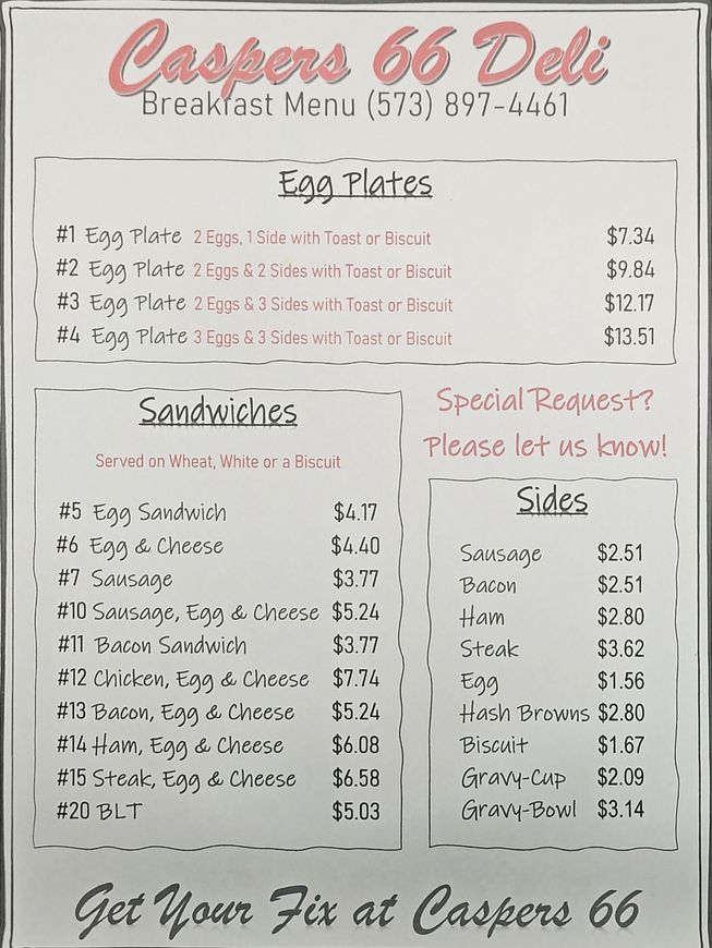 A menu for casper 's 66 deli breakfast menu