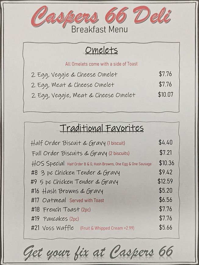 A menu for casper 's 66 deli breakfast menu