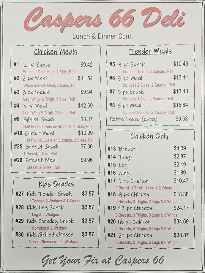 A casper 's 66 deli lunch and dinner menu
