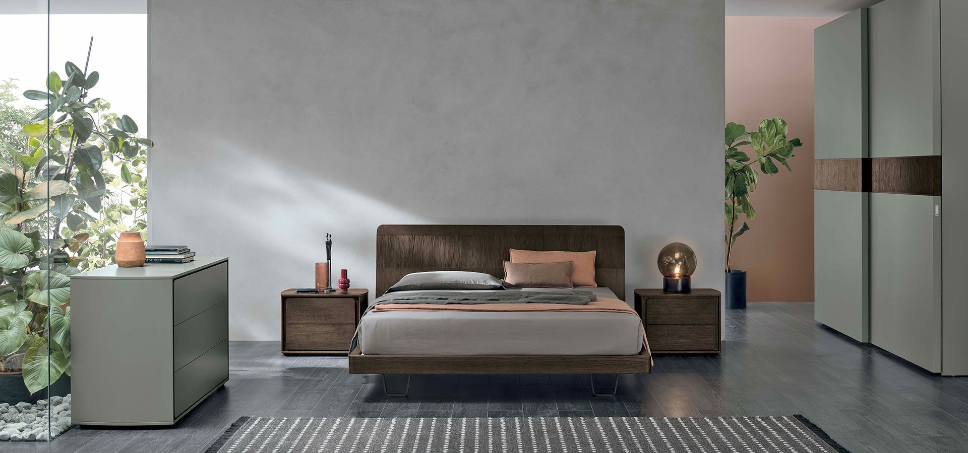 Immagine della collezione Frame di Tomasella, composta da armadio scorrevole e letto matrimoniale