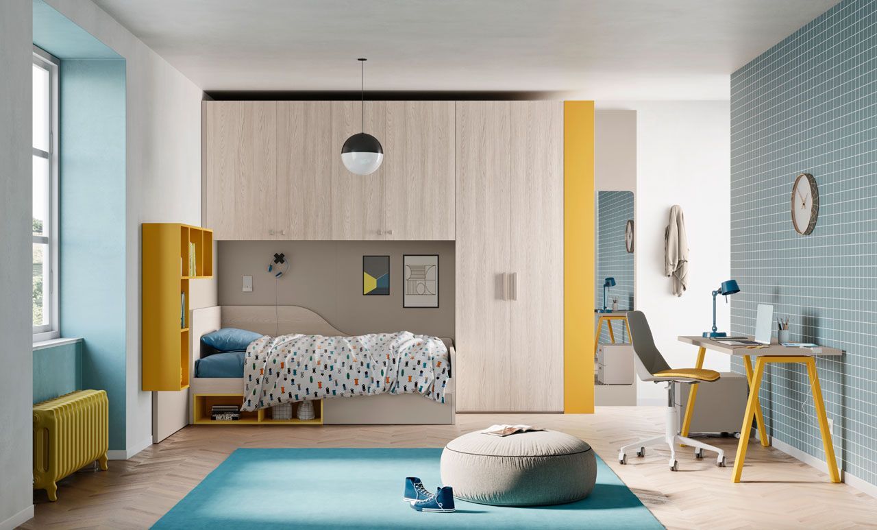 Cameretta moderna per bambini con zona studio e scrivania su misura - Bergamo.