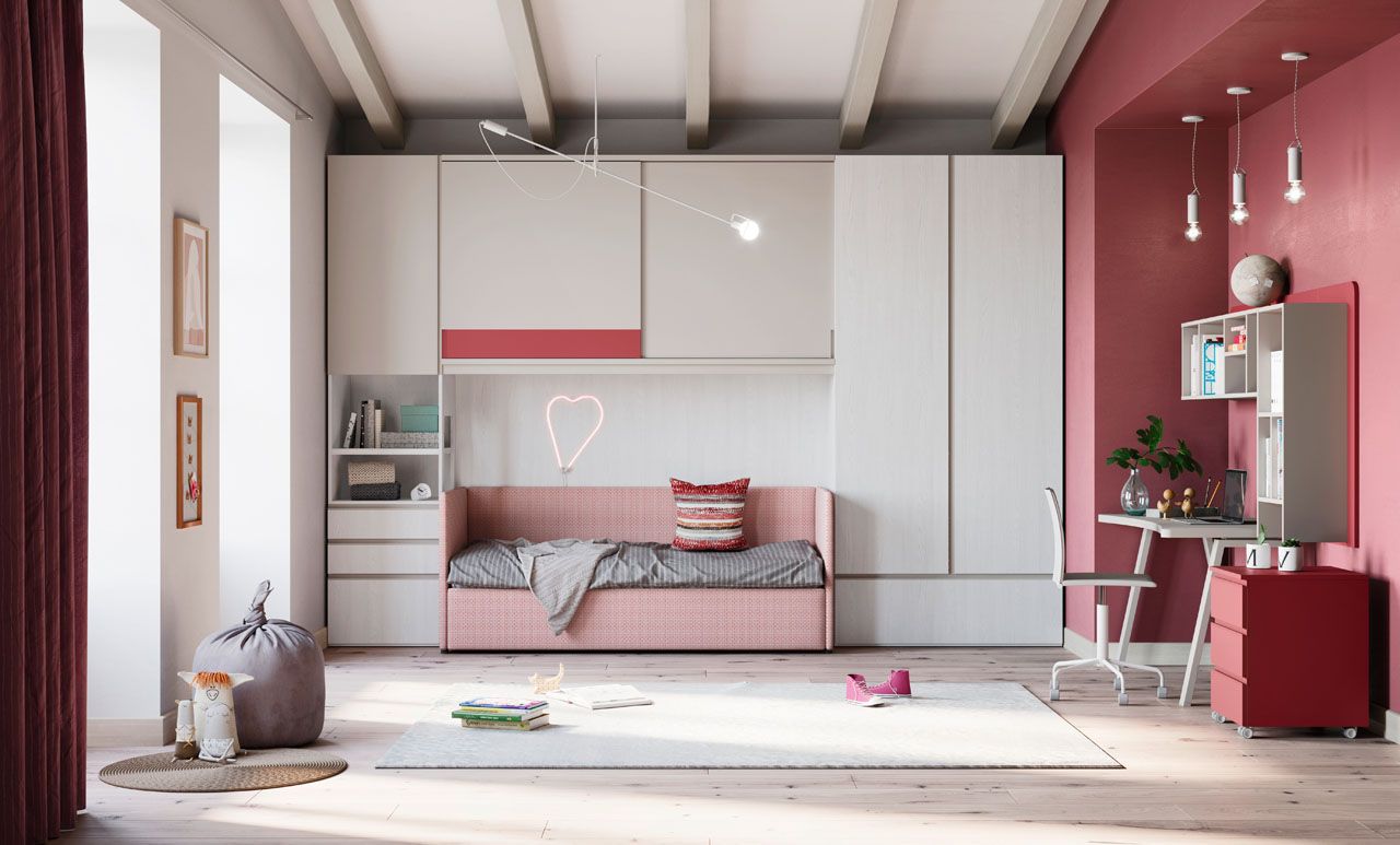 Cameretta moderna per bambini con zona studio e scrivania su misura - Bergamo.