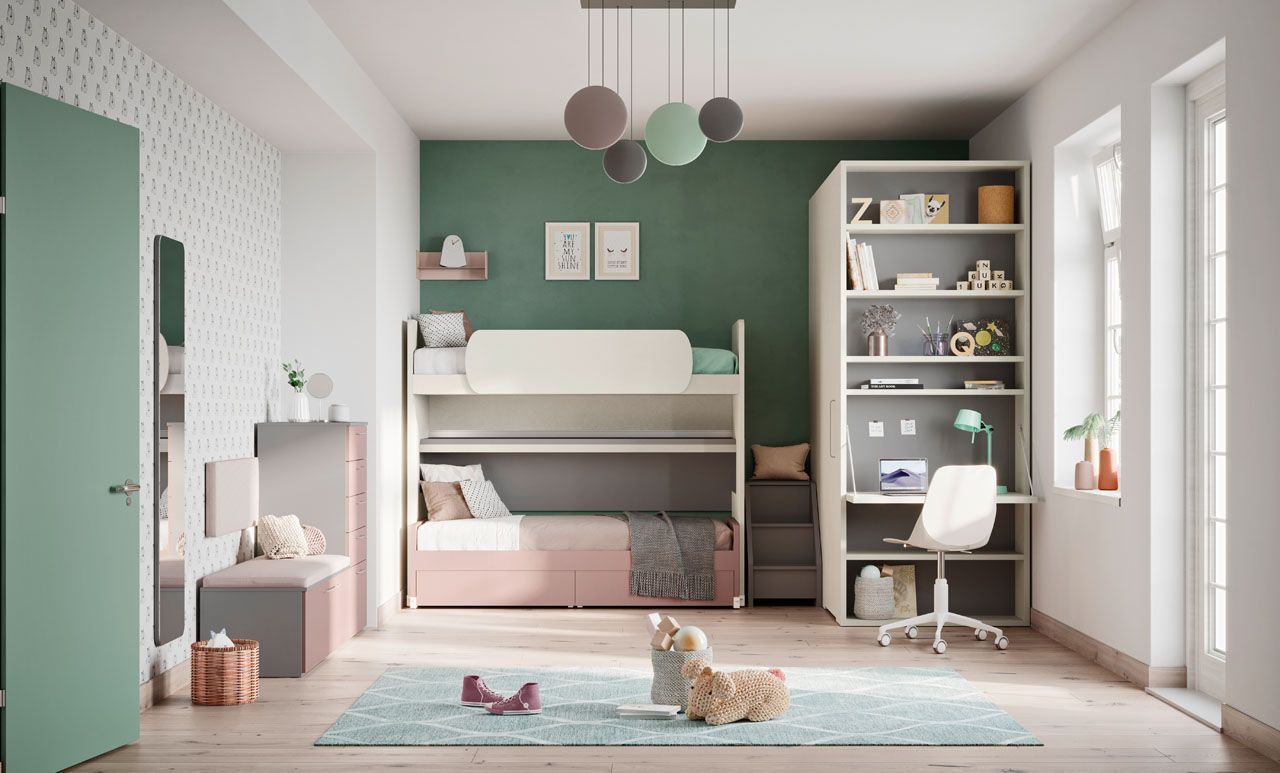 Letto a castello di design con scaletta contenitore e finiture colorate.