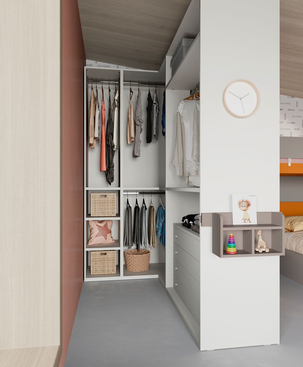 Letto a castello di design con scaletta contenitore e finiture colorate.