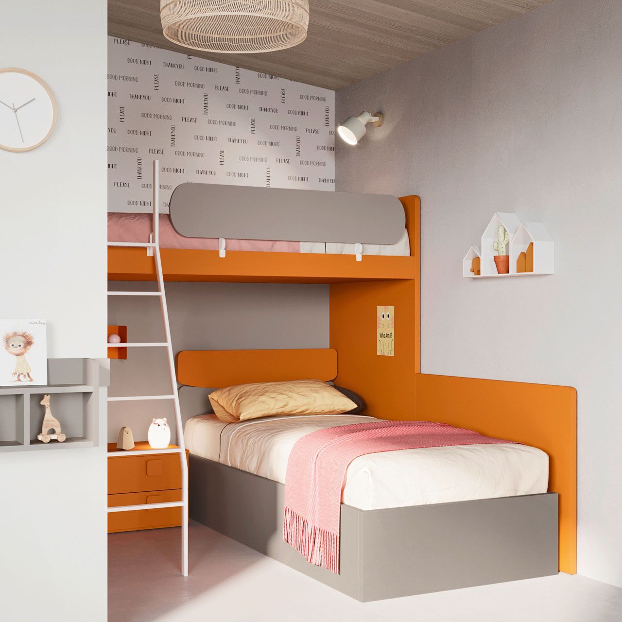 Letto a castello di design con scaletta contenitore e finiture colorate.