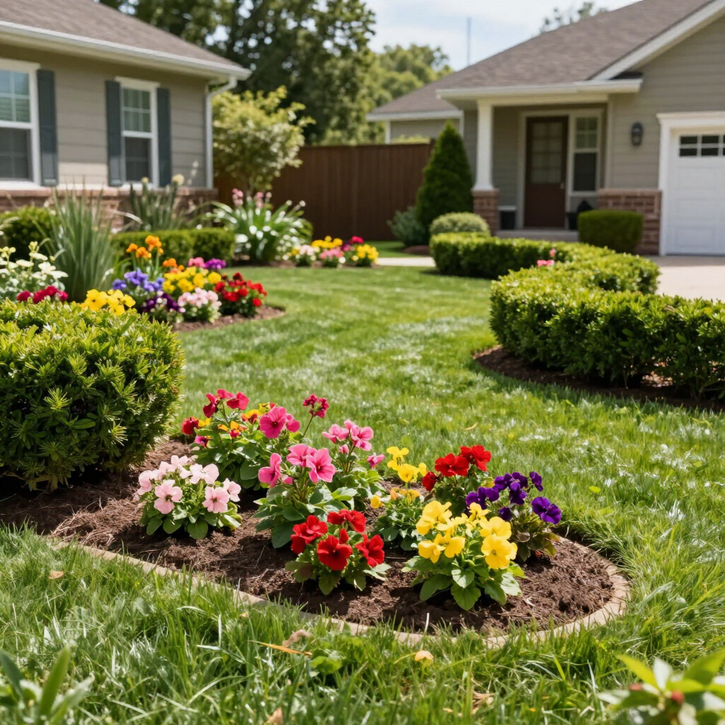 A suburban home with a manicured lawn, neatly trimmed hedges, and vibrant, colorful flower beds in the front yard.
