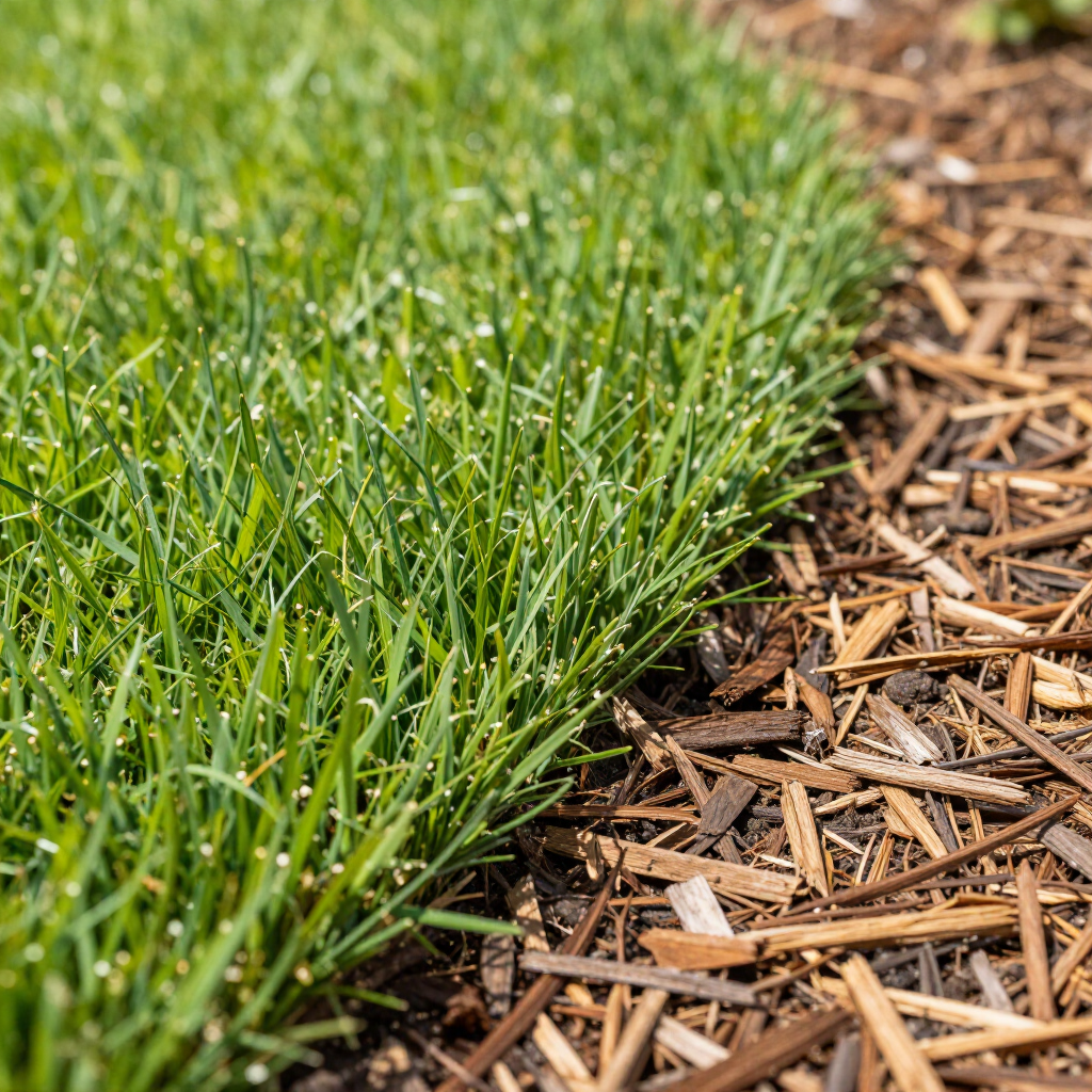 A patch of vibrant green grass growing directly next to a layer of brown, wood-chip mulch.