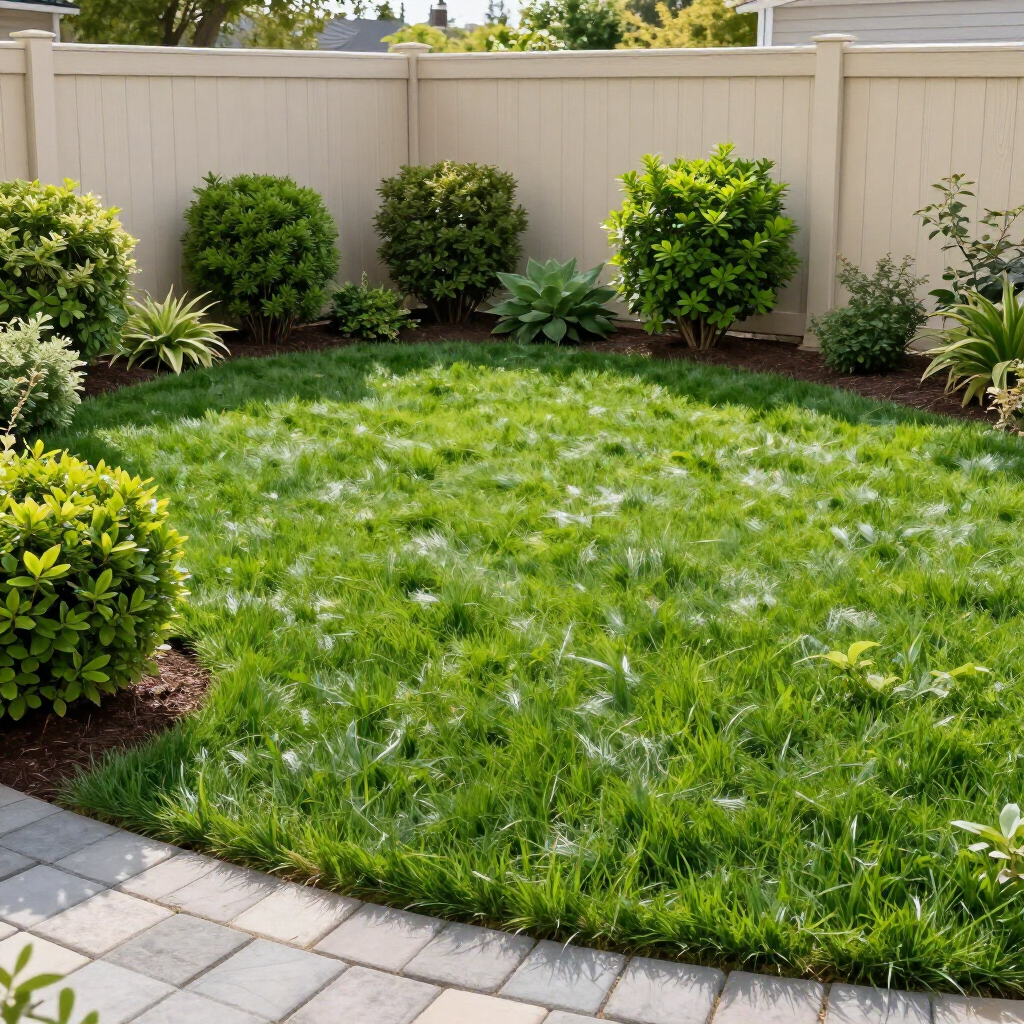 A small, lush green lawn surrounded by rounded shrubs and a beige vinyl fence, with a stone patio edge in the foreground.