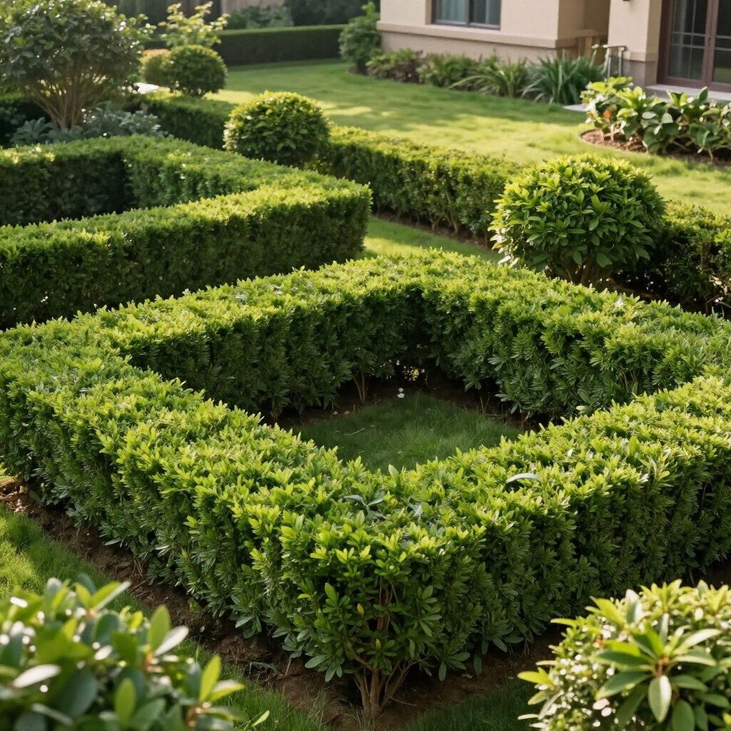 A manicured garden featuring neat, square-shaped boxwood hedges arranged on a lawn in front of a house.