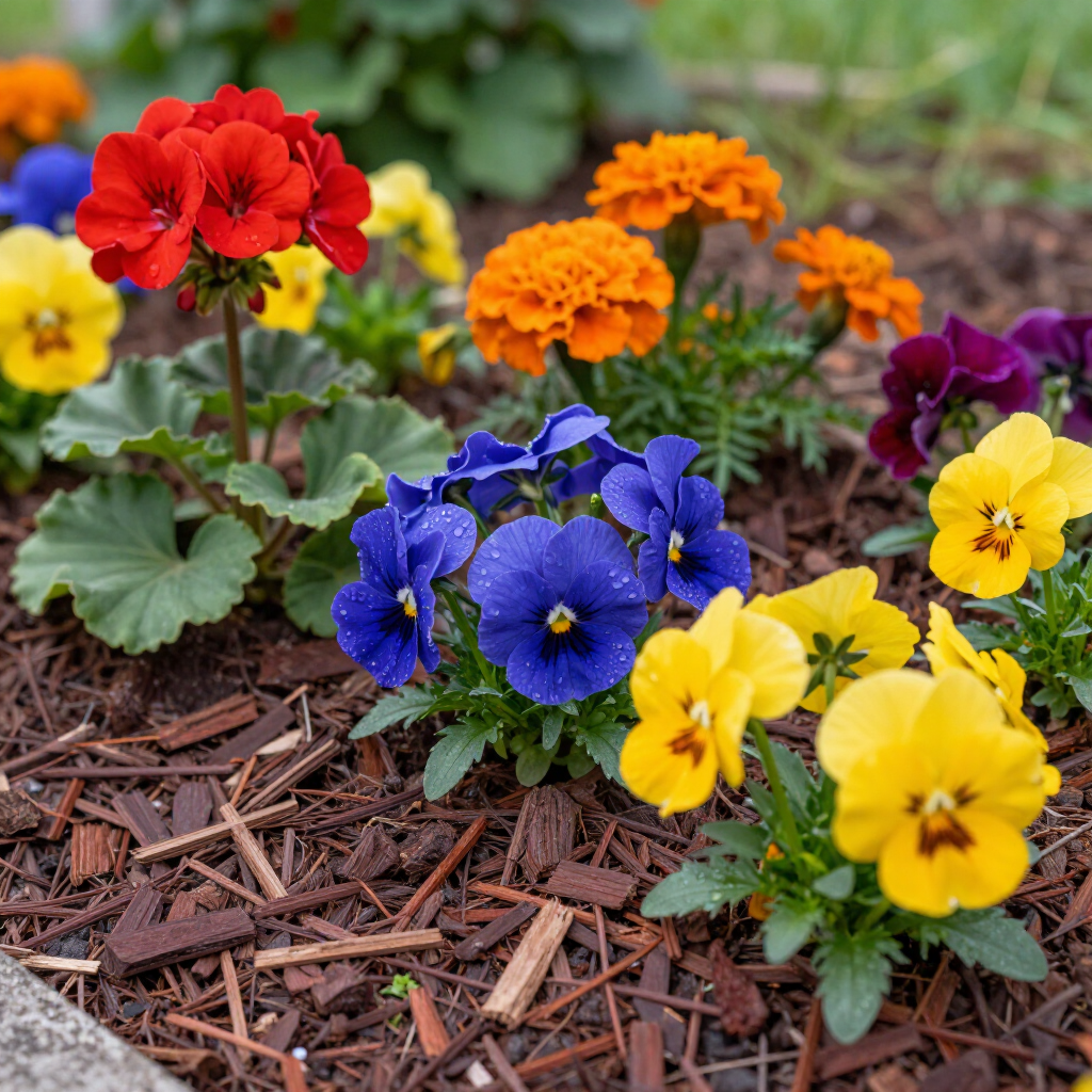 A garden bed features vibrant red geraniums, orange marigolds, purple pansies, and bright yellow pansies in mulch.