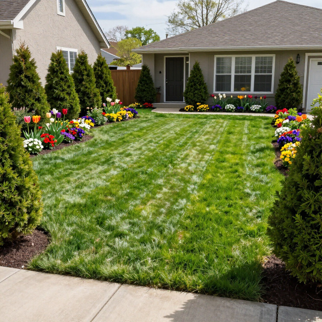 A well-manicured lawn framed by vibrant flower beds and evergreen shrubs in front of two suburban houses.
