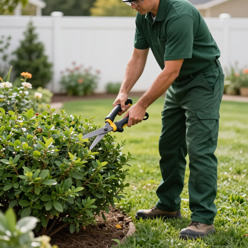 A person in green work uniform uses handheld garden shears to trim a green bush in a residential yard.