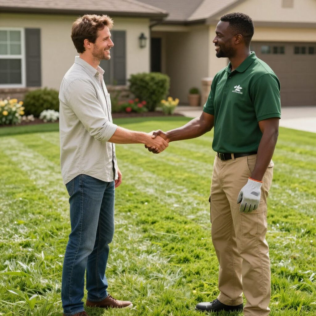 Two people shake hands on a mowed residential lawn in front of a house.