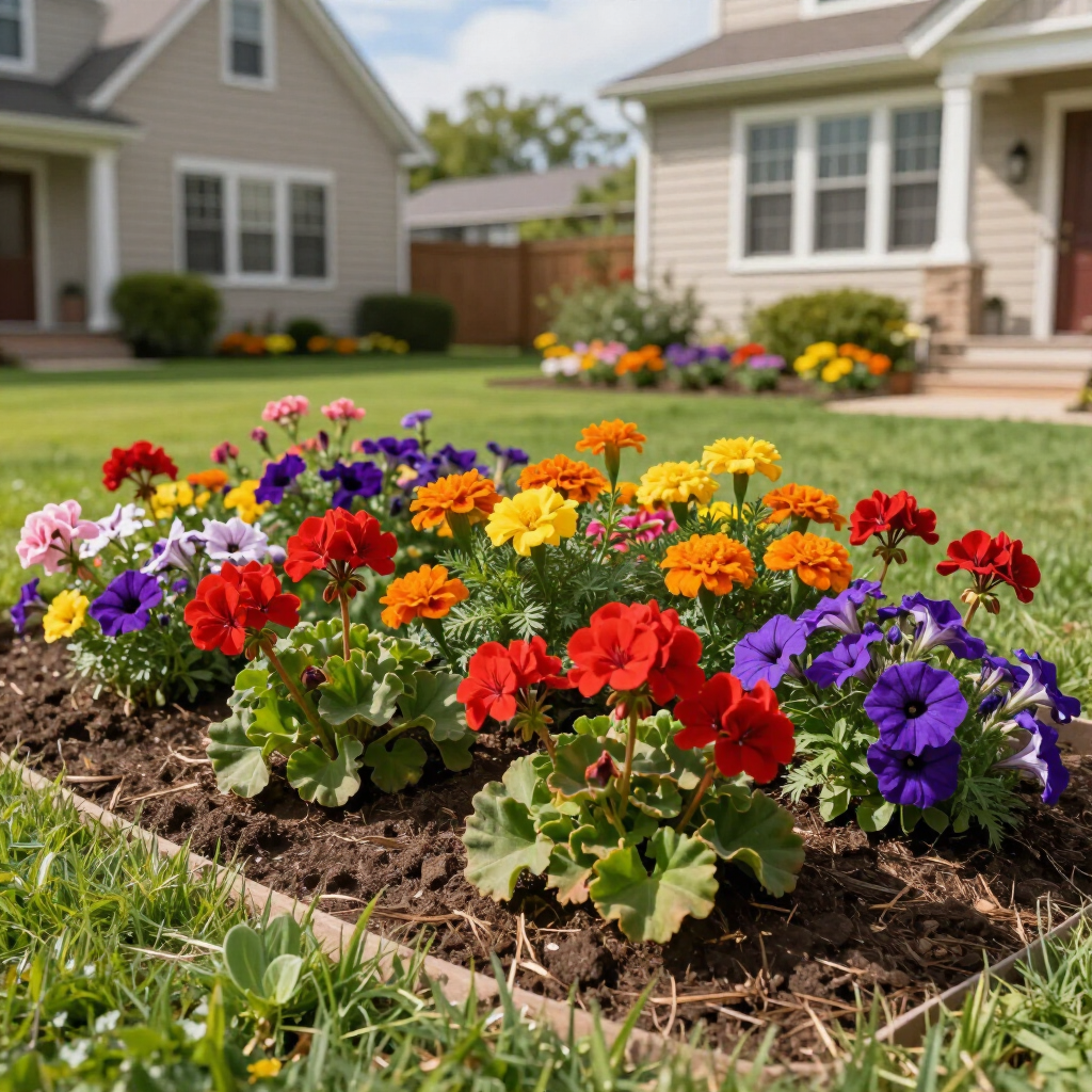 A flowerbed with colorful geraniums, marigolds, and petunias, set in front of two suburban homes on a grassy lawn.