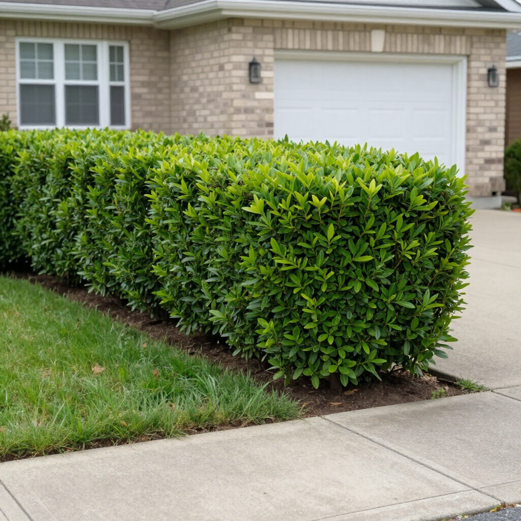 A manicured green hedge lines a sidewalk in front of a brick house with a white garage door.