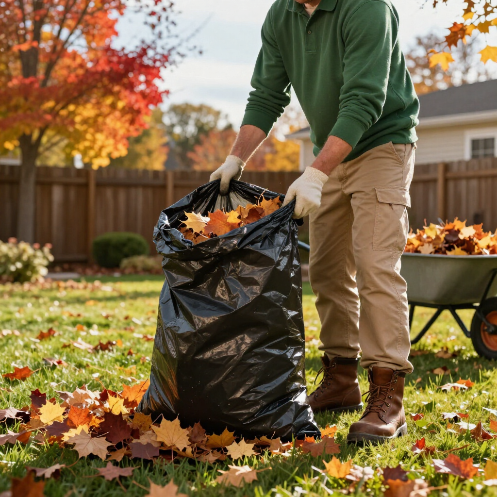 A person in a green shirt and work gloves filling a large black trash bag with autumn leaves in a yard.