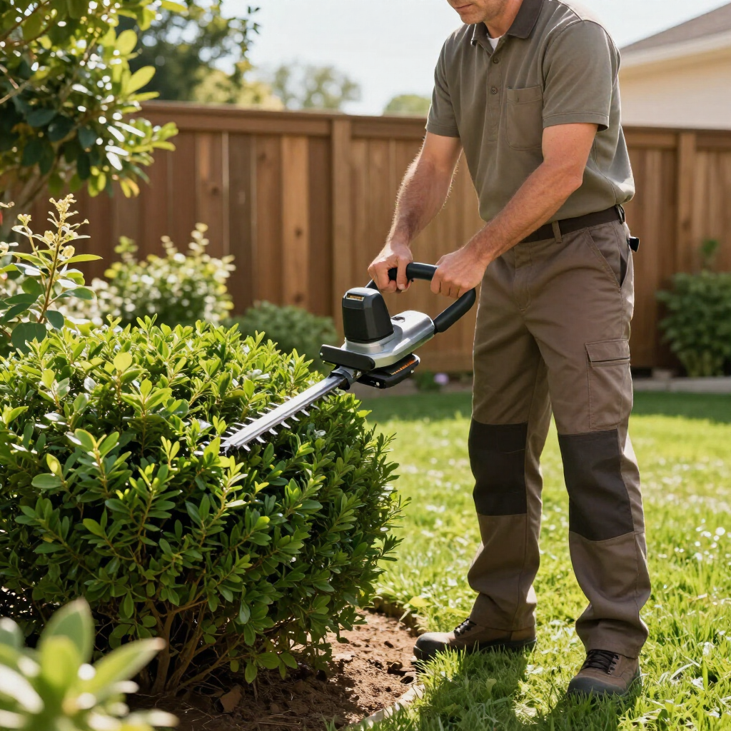 A person in work clothes uses an electric hedge trimmer to shape a green shrub in a grassy backyard.