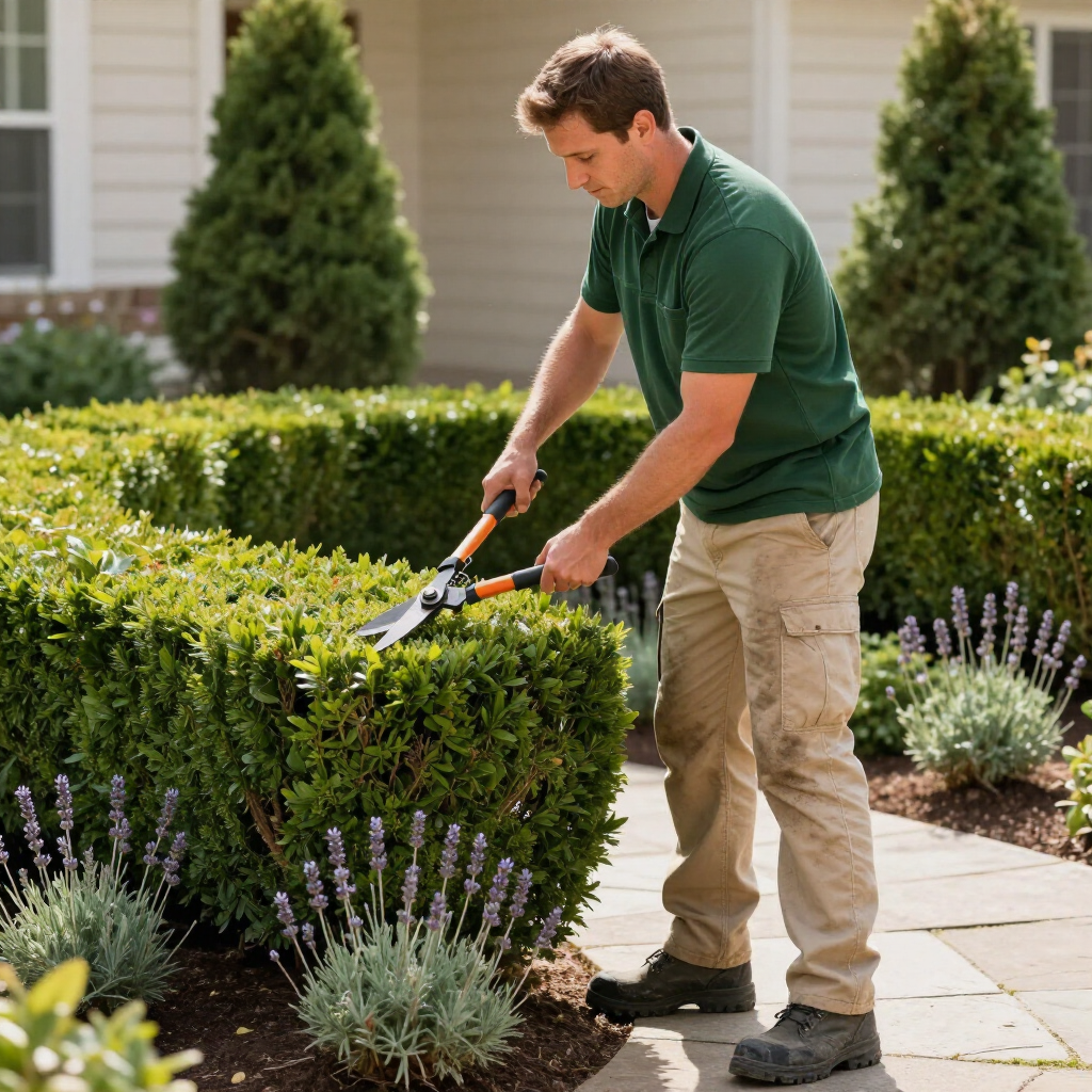 A person in a green polo shirt and tan cargo pants uses hedge shears to trim a green hedge along a stone walkway.