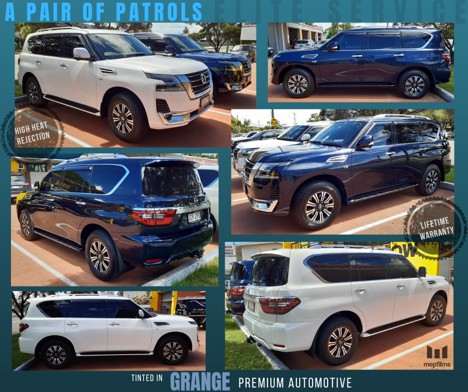 A collage of white and dark blue Nissan Patrol SUVs from multiple angles, advertising Grange Premium Automotive service.