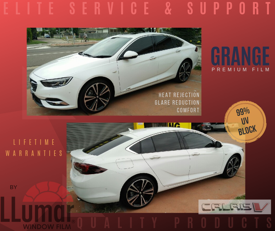 Two photos of a white sedan with tinted windows, promoting Grange Premium Film and LLumar window tint services.