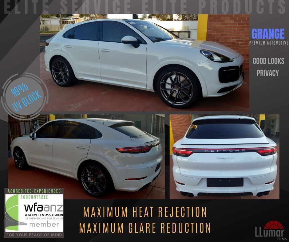 A white Porsche Cayenne with dark tinted windows, showcased from three angles, advertising window tinting services.