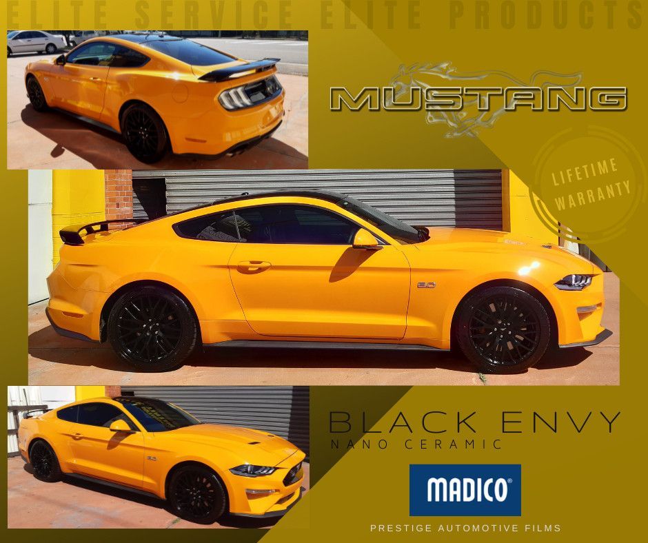 Promotional graphic featuring a bright yellow Ford Mustang, Madico logo, and 
