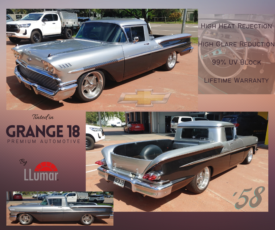 A vintage two-tone silver and black 1958 Chevrolet El Camino, shown from multiple angles, advertising LLumar window film.