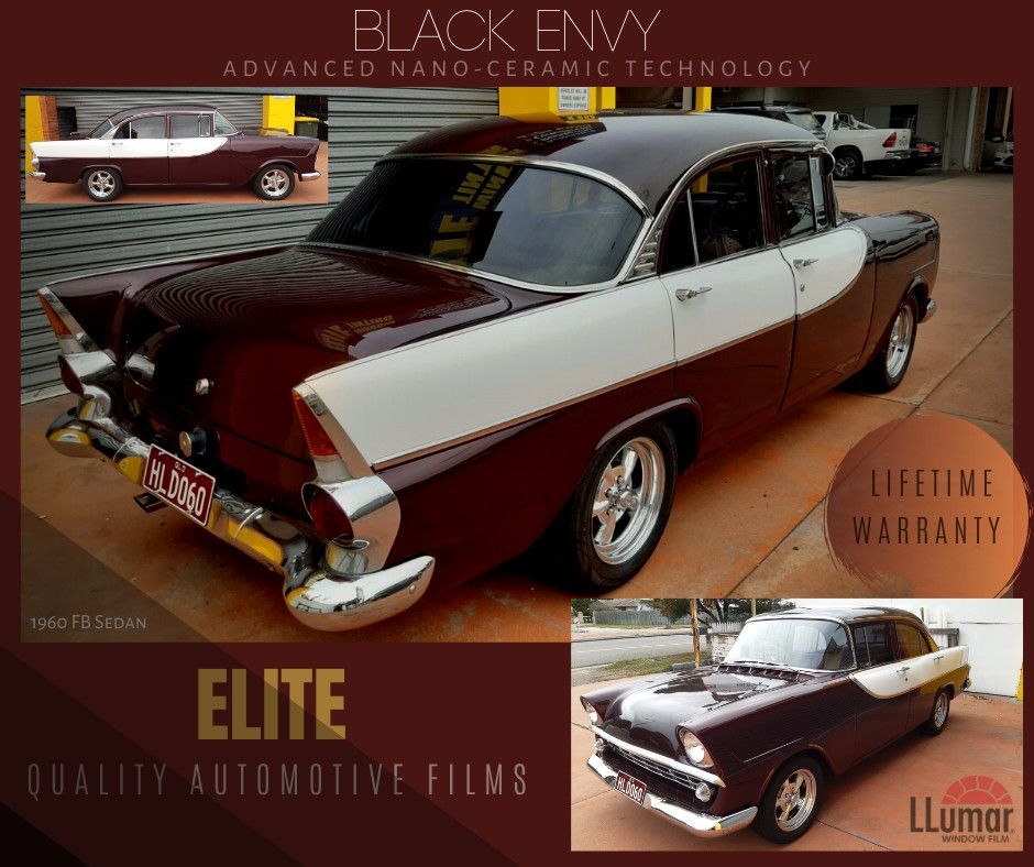 A promotional image for LLumar automotive window tint, featuring a classic maroon and white vintage car from three angles.