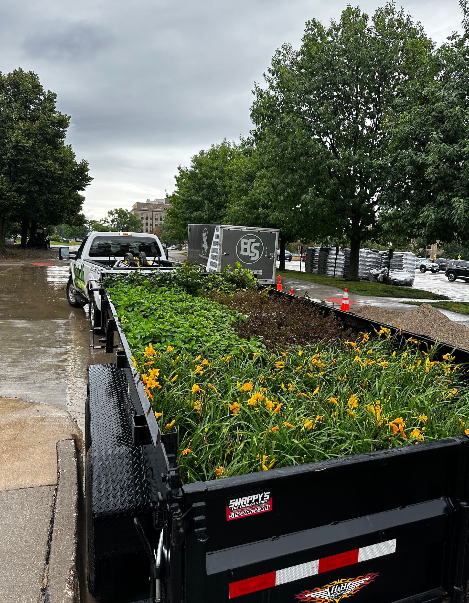 A trailer filled with flowers is parked on the side of the road.
