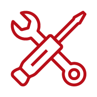 Red line icon of a turbine blower or fan housing with a curved outlet pipe