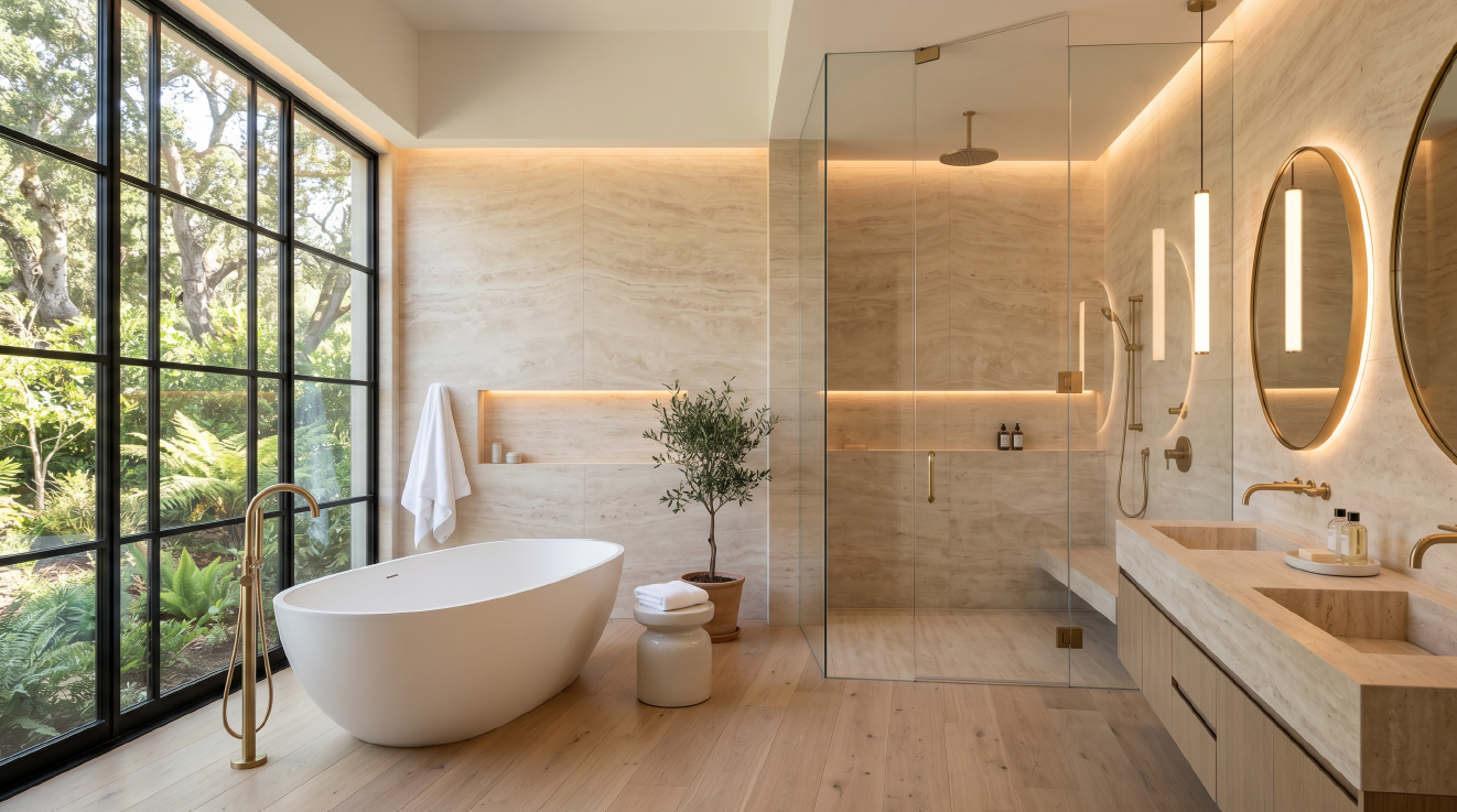 Bright modern bathroom with freestanding tub, walk-in shower, wood accents, and large windows.