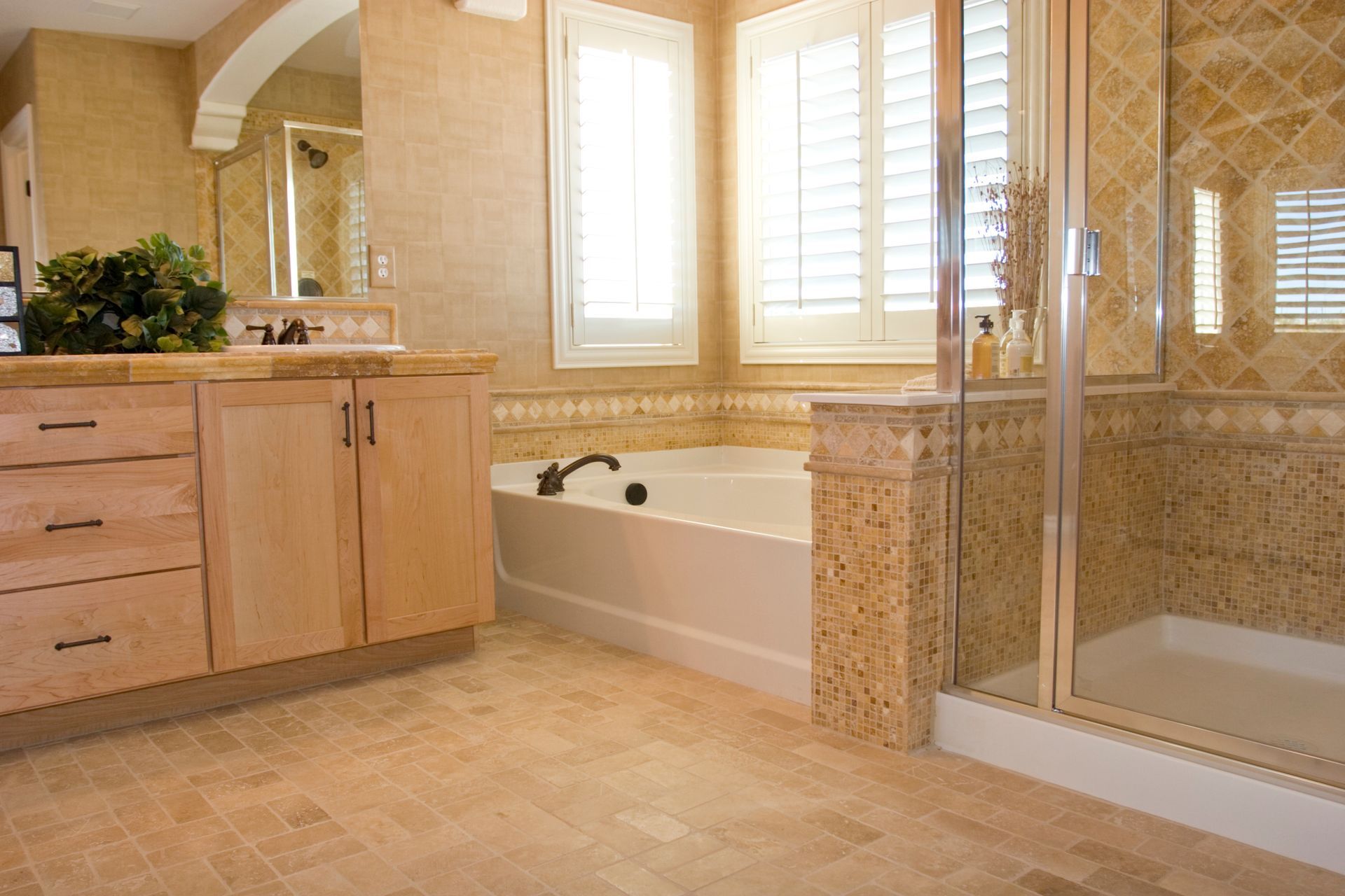 a bathroom with a bathtub and a walk in shower