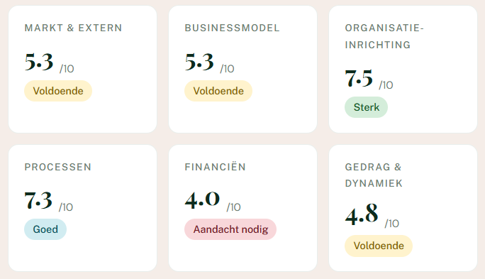 Dashboard met zes scorekaarten: marketing, bedrijfsmodel, organisatie, processen, financiën en klantdynamiek.