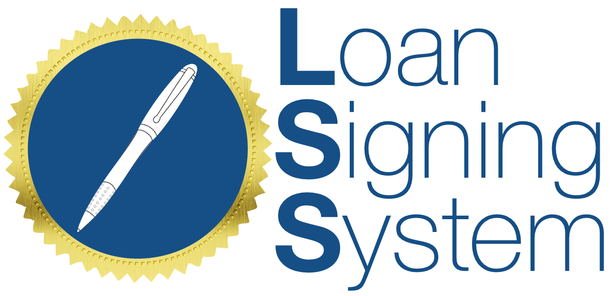 A logo for a loan signing system with a pen in a circle.