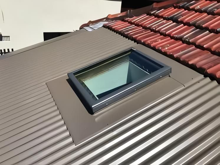Brown Corrugated Metal Roof With a Skylight, Next to Red Tile Roof — Blue Sky Roofing NSW In Mullumbimby, NSW