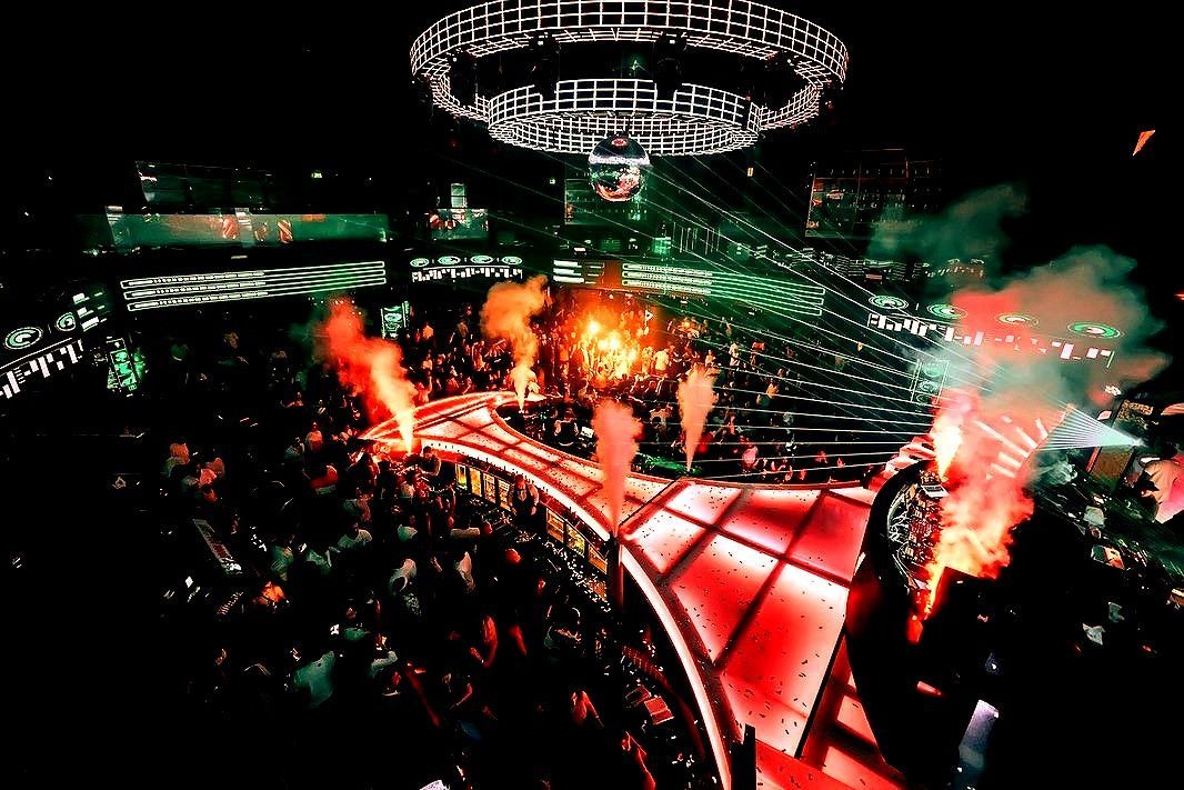 An aerial view of a crowd of people at a concert