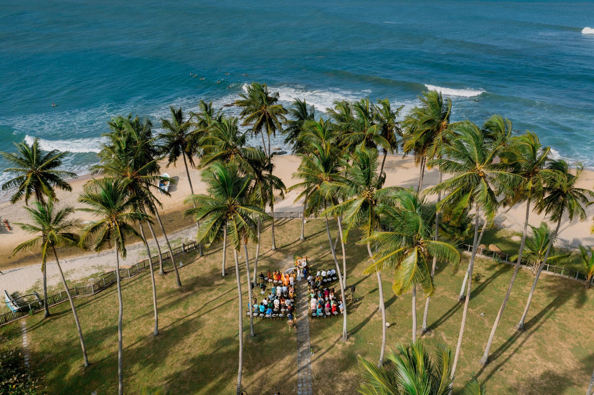 An aerial view of a group of people sitting under palm trees on a beach.