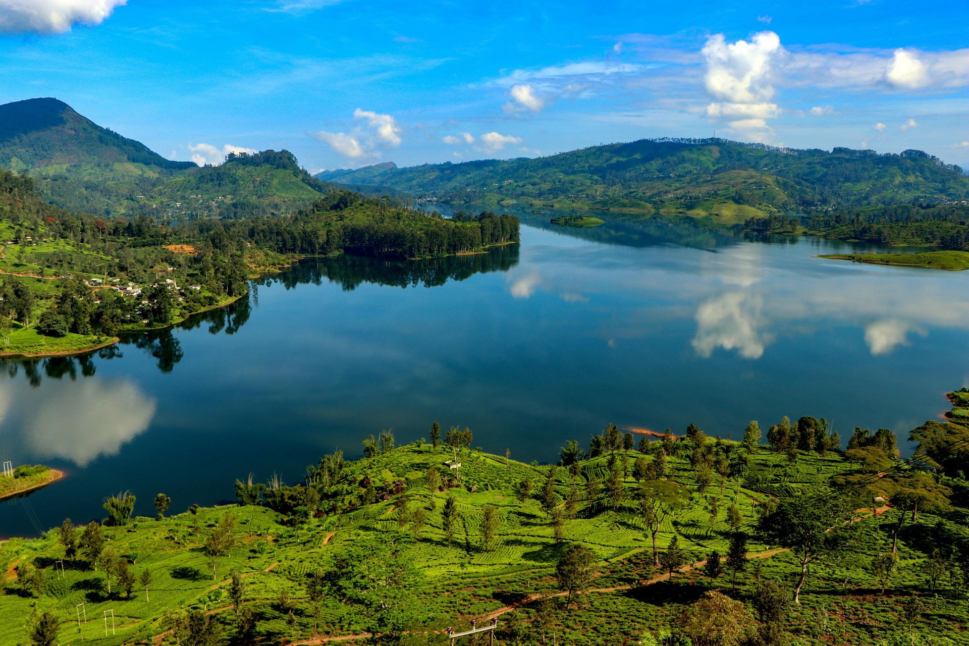 An aerial view of a lake surrounded by mountains and trees.