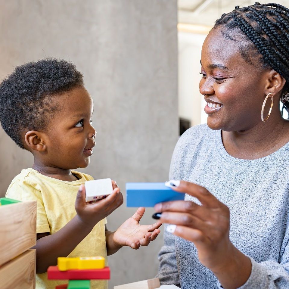 A woman and a child are playing with blocks.