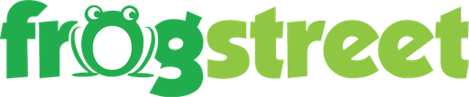 A green and white logo for frogstreet with a frog on it