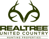 Realtree United Country Hunting Properties logo with stylized antlers in green and brown
