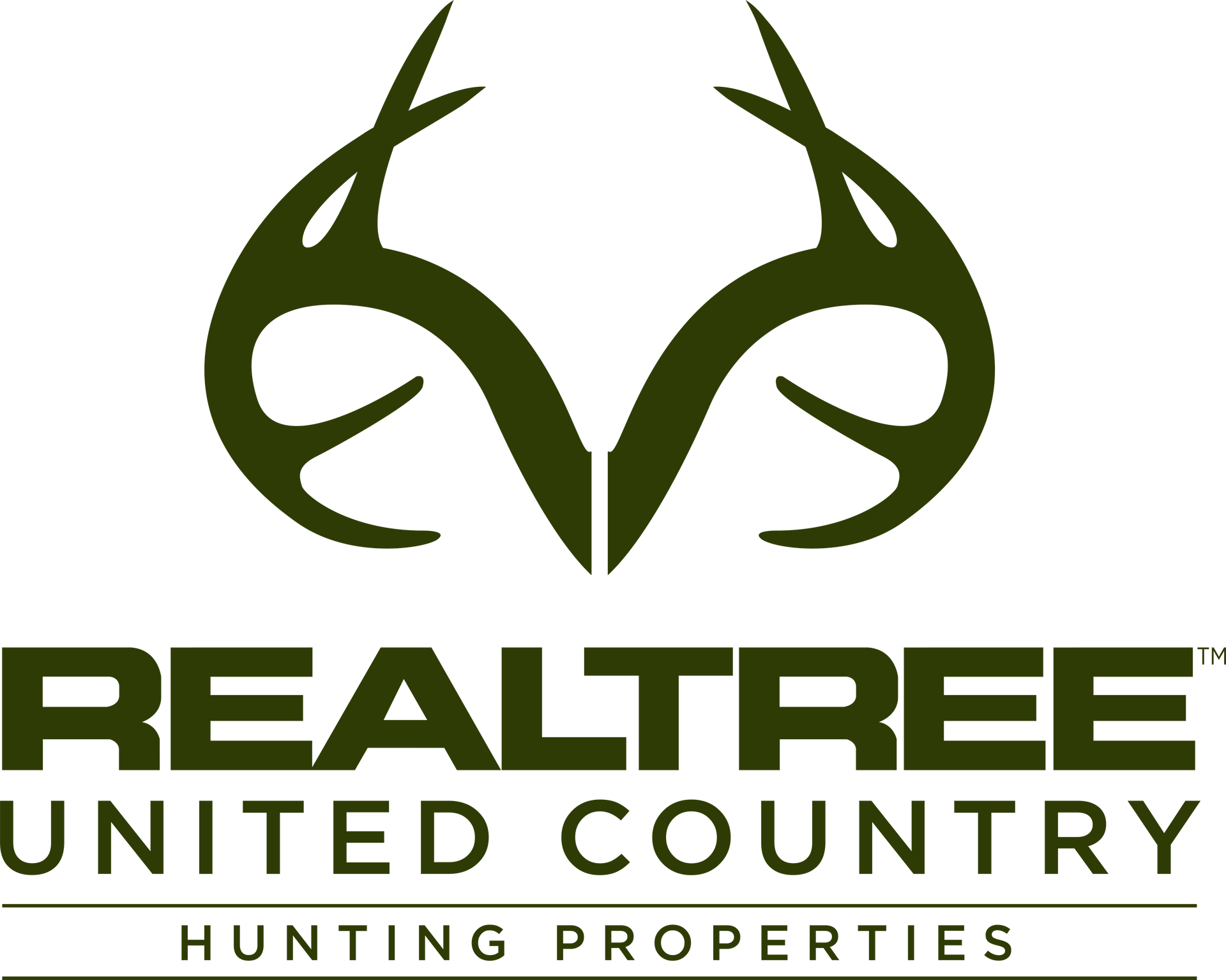 Realtree United Country Hunting Properties logo with stylized antlers in green and brown
