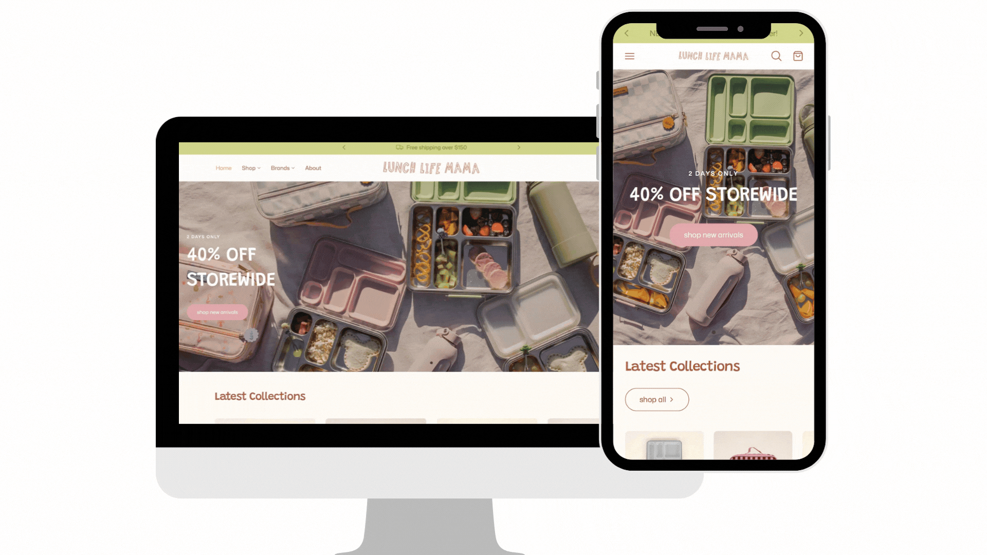 Responsive website shown on desktop and smartphone, featuring a furniture arrangement on a green background