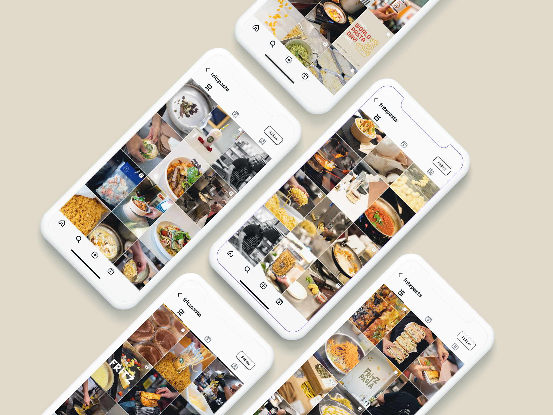 Five tilted smartphones displaying a collage of food and lifestyle photos on a beige background