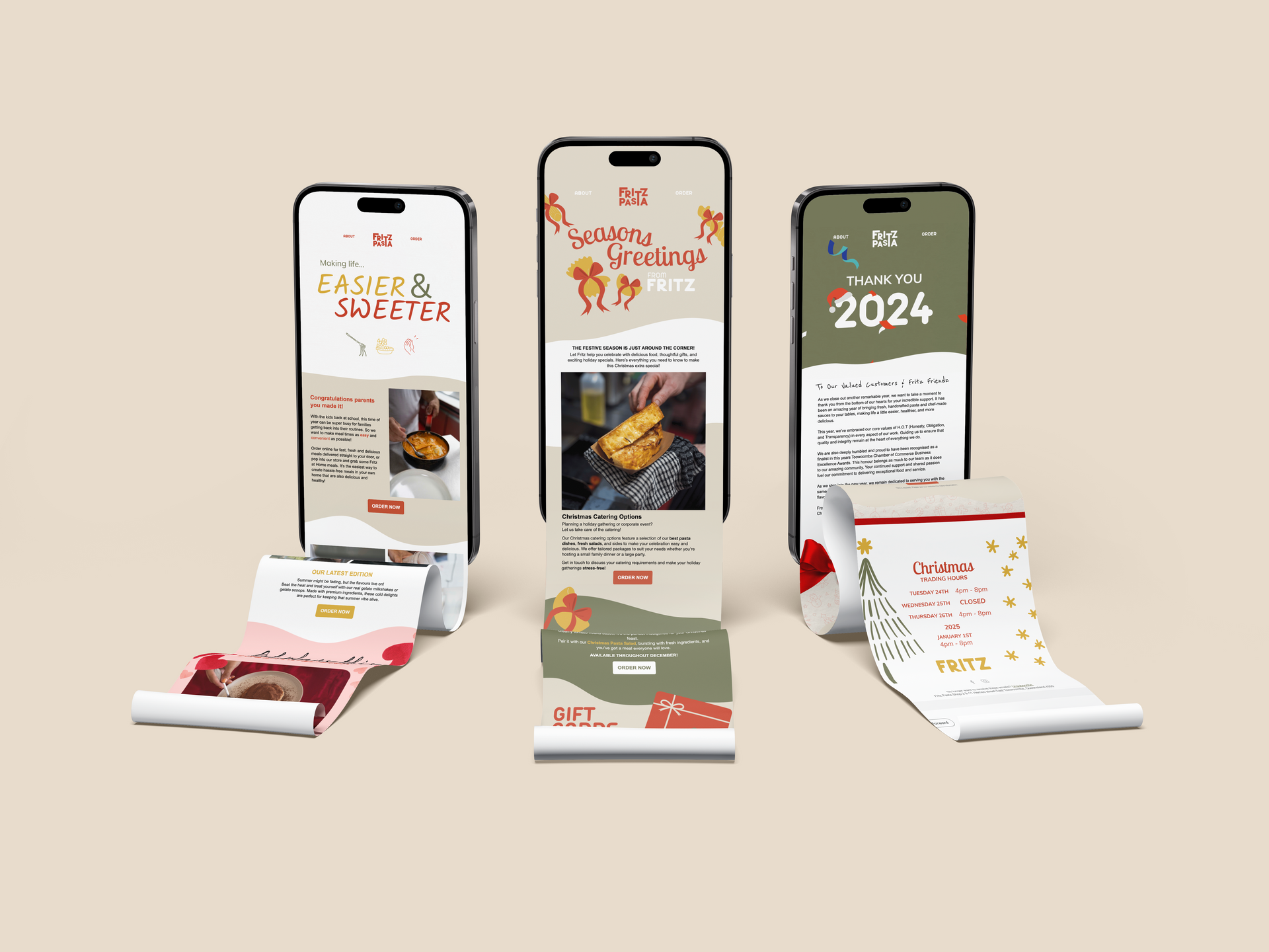 Three smartphone mockups showing holiday shopping app screens with red and green festive designs