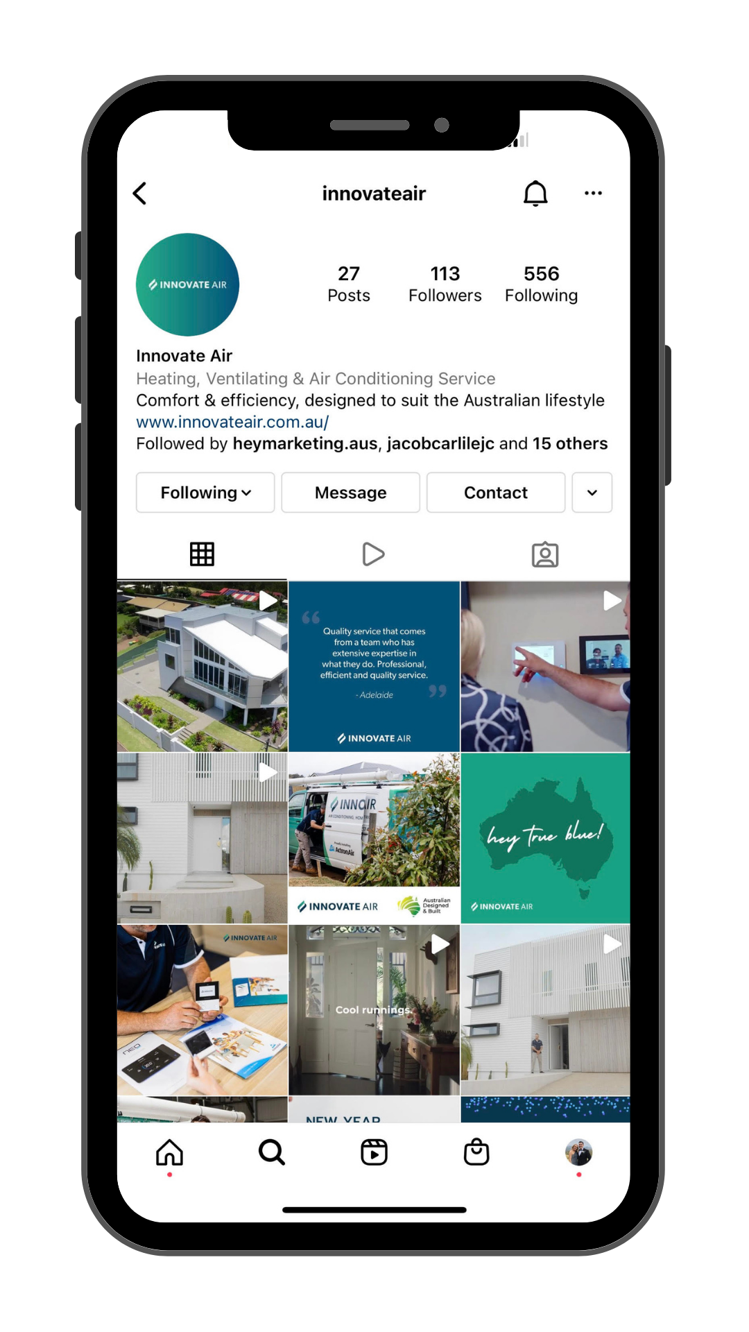 Smartphone showing an Instagram profile page with a grid of photos and teal highlights.