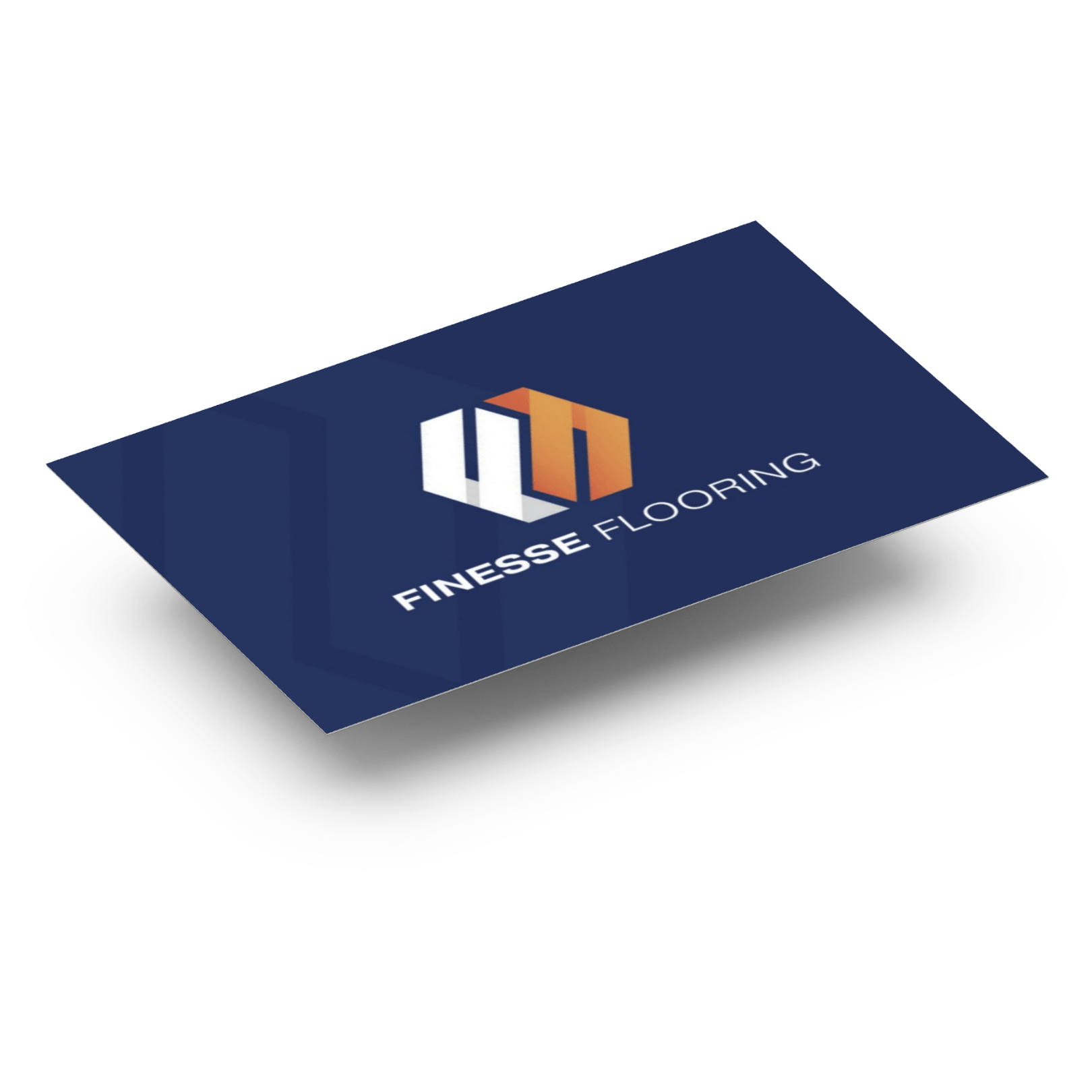 Dark blue business card with the Finesse Flooring logo and white-orange text on a white background