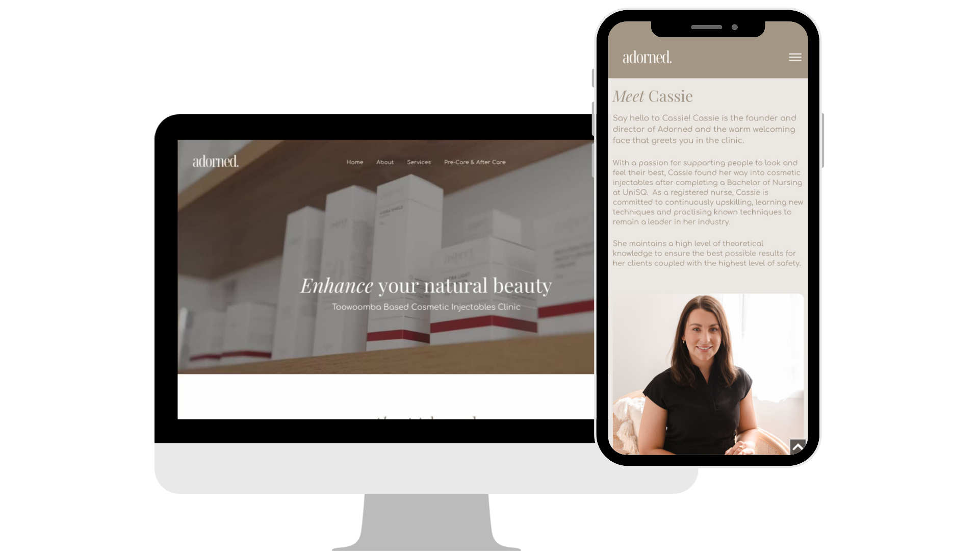 Desktop monitor and smartphone displaying a responsive website with a book-themed homepage and portrait photo